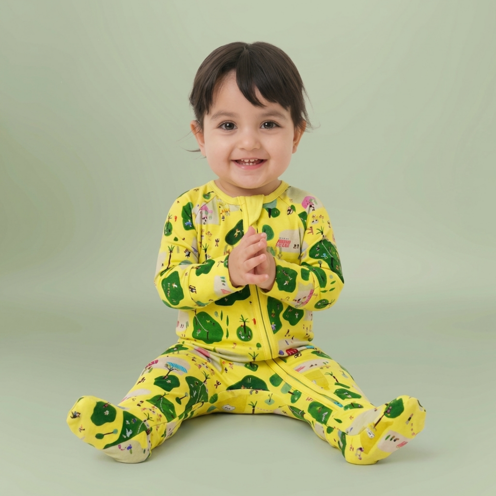 Tiftaf organic cotton and bamboo baby onesie in Little Sabra Adventures print